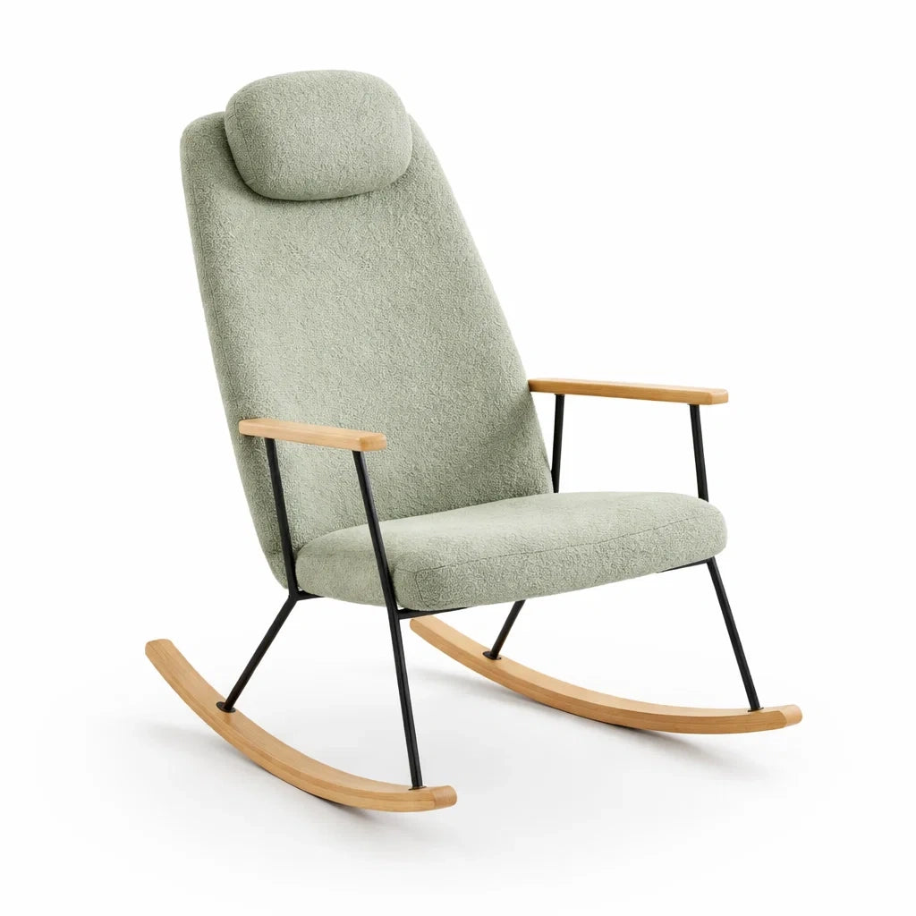 Sedia a dondolo in Tessuto Verde Chiaro con Struttura in Metallo e Legno